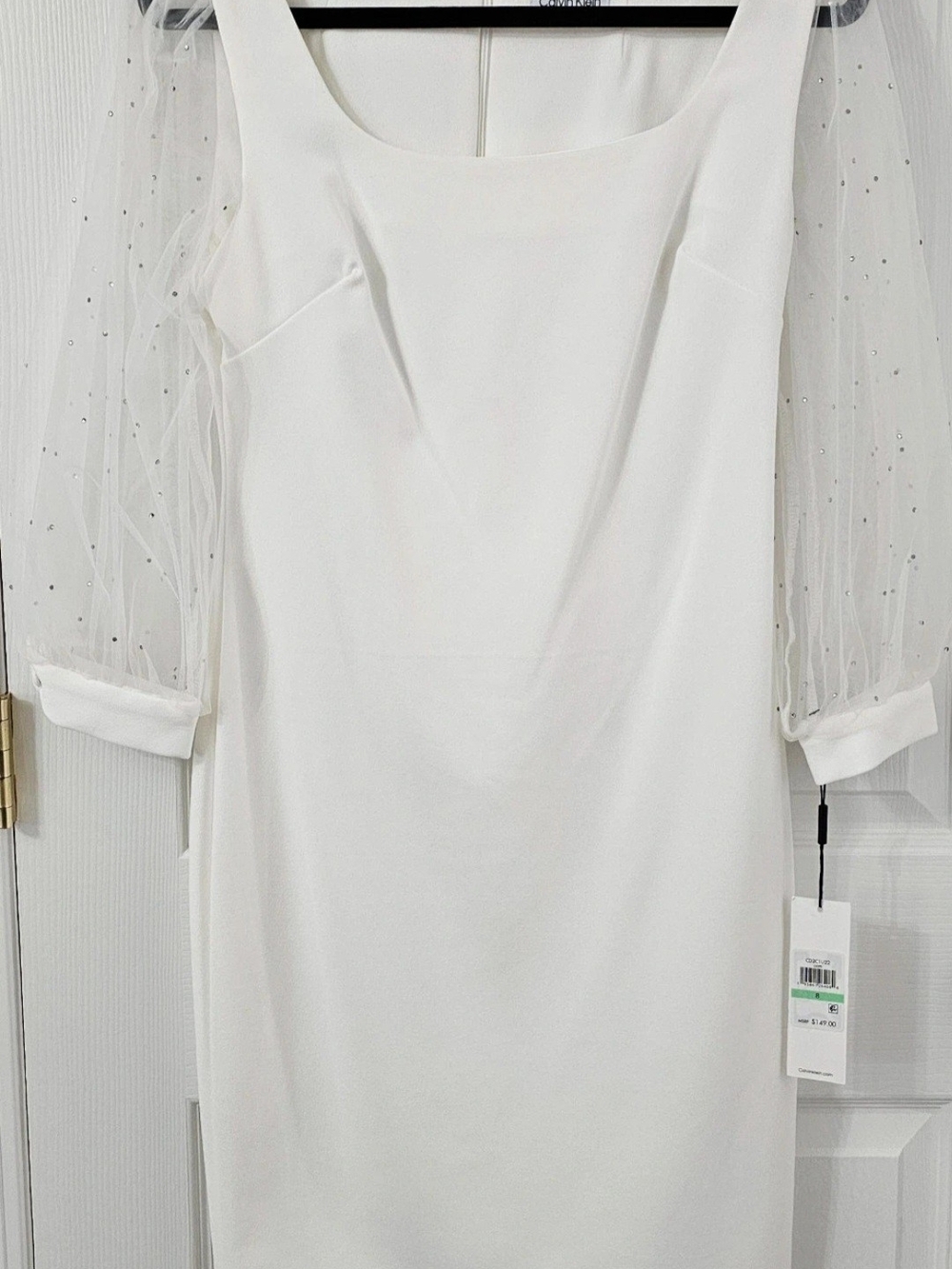 Calvin Klein White Midi Dress with Sheer Polka-Dot Sleeves